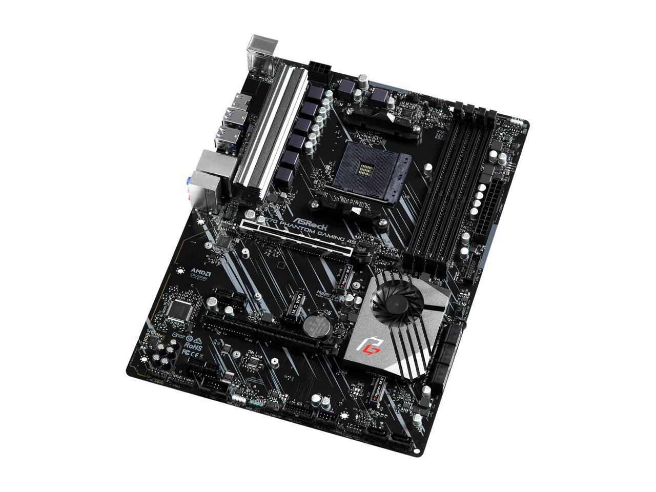 Рис. Пример материнской платы для майнинга – ASRock X570 Phantom Gaming 4 (X570, LGA AM4) поддерживает до 4–6 видеокарт. Для большей стабильности установите карты на райзерах.