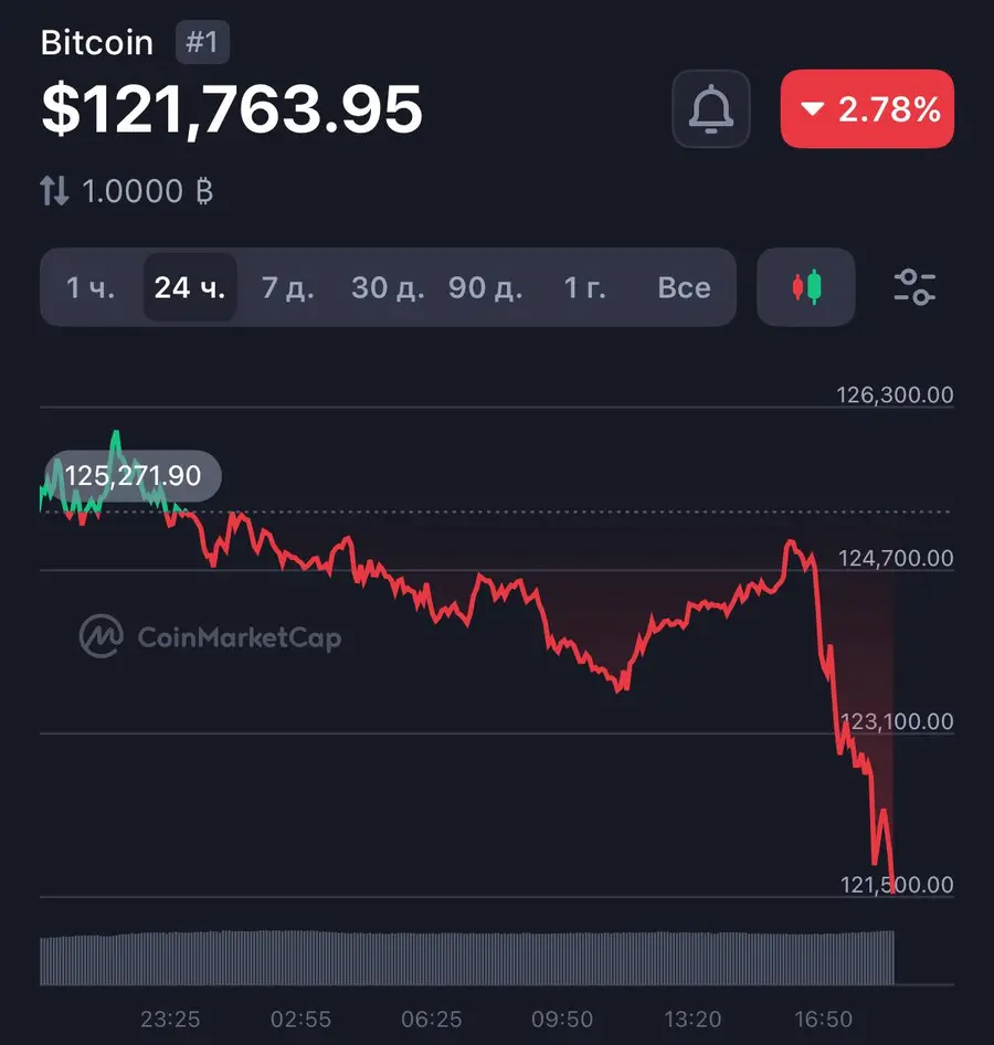 Bitcoin резко просел на 2% от локального максимума — до $121,000
