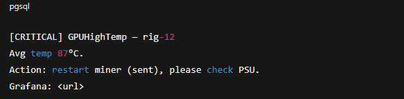 Доп: для действий (restart), используйте middleware: Telegram → your service → call HiveOS API to restart miner. Это даёт «кнопку» в чате «Restart».