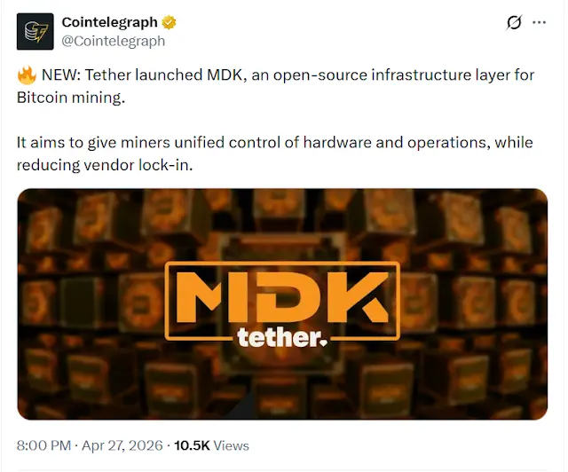 Tether выпускает открытый Mining Development Kit (MDK) для оптимизации добычи биткоина